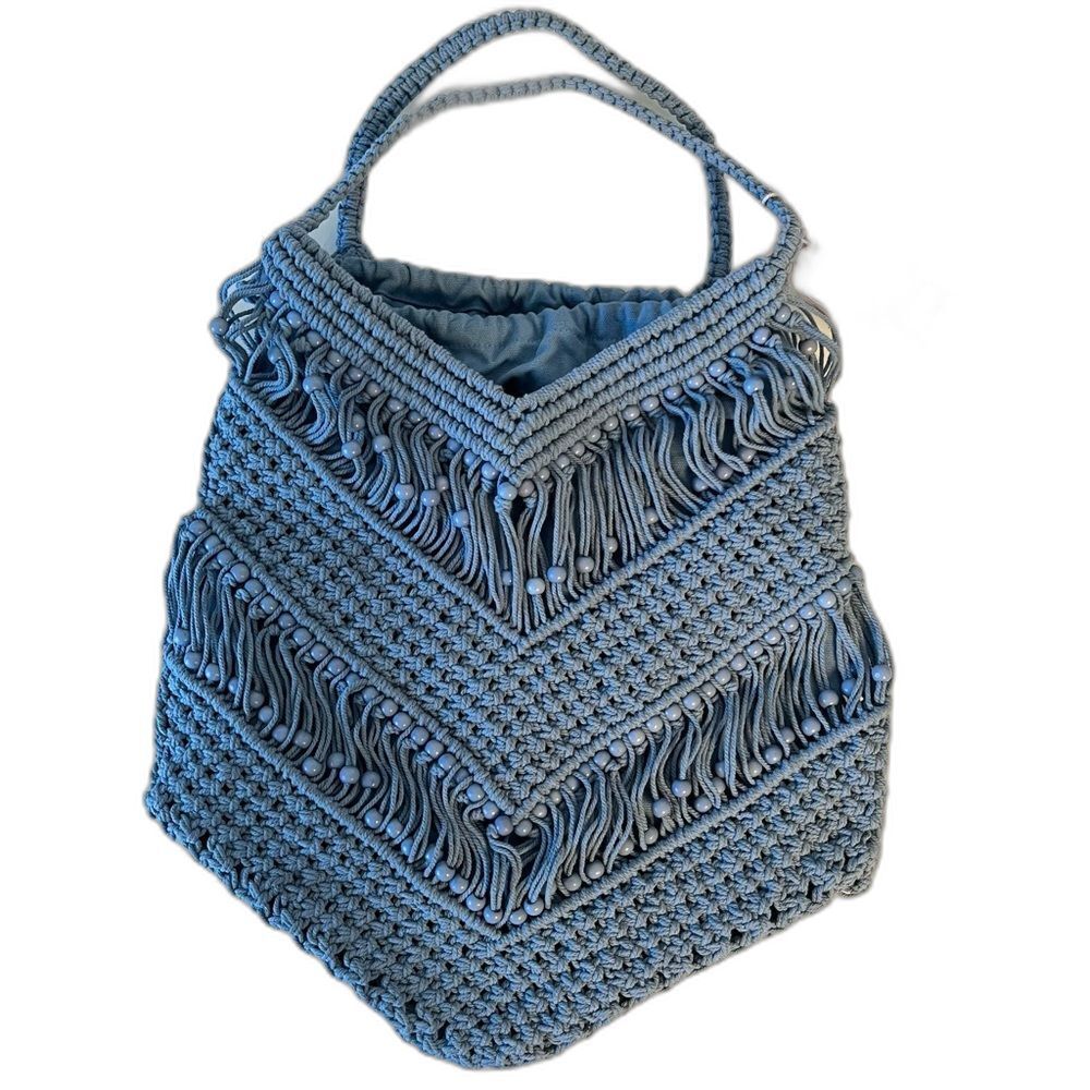 NWT Boho Blue Macrame Beaded Shoulder Bag Woven Crochet Hippie Purse Festival